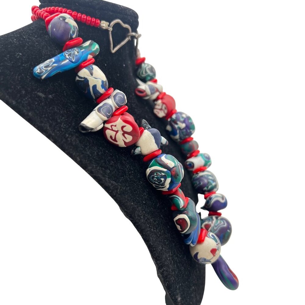 Vintage Handmade Polymer Clay Necklace Sterling Silver Clasp 24" Red Blue Art - Picture 13 of 16